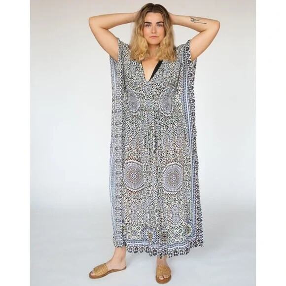 Anthropologie Rujuta Sheth Dress Marie Cinch Kaftan Moroccan Print Maxi Tunic OS - Picture 2 of 9